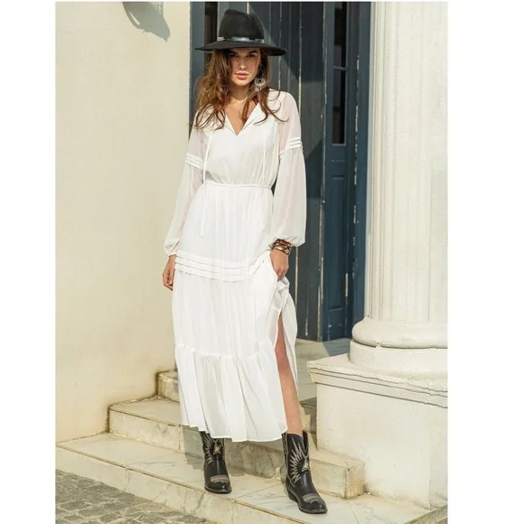 White Bohemian Maxi Dress Chiffon Neck Ties Long Sleeve Ruffle Hem Flowy - Picture 7 of 10